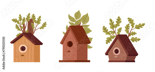 Hand drawn wooden bird house. Bird houses on oak tree, cartoon birds nest with feeder flat vector illustration set. Cute nesting bird house on trees