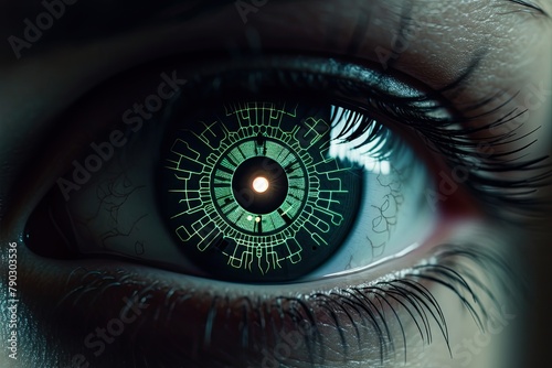 Eye scanner closeup image, Human eye with scanning lens