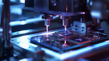 Precision machinery delicately handling silicon microchips, each one featuring the distinct and futuristic 