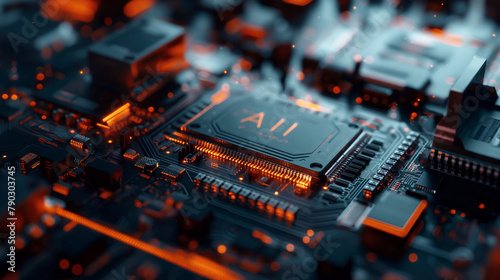A mesmerizing close-up shot of computer chips gliding through a futuristic assembly process, showcasing the sleek "AI" insignia etched on every chip.