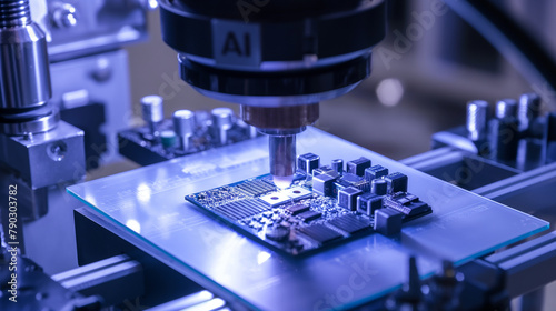 Precision machinery delicately handling silicon microchips, each one featuring the distinct and futuristic "AI" engraving.