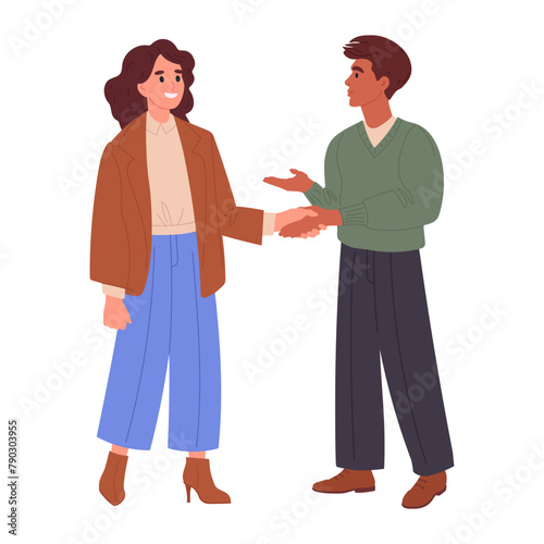 Office workers handshake. Business people greet each other with handshake, male and female colleagues shaking hands flat vector illustration. Business team members handshake