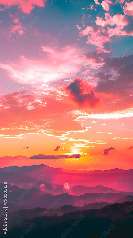 Enchanting Twilight Sky - A Tranquil Panorama of Sunset over Mountainous Horizon for Phone Wallpaper