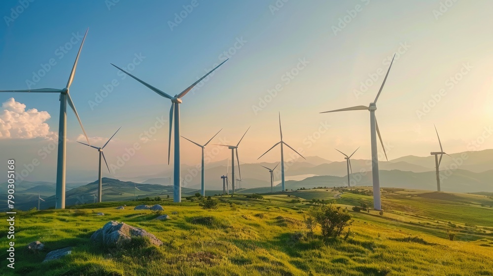 Obraz premium Wind Turbines on Green Hills at Sunset