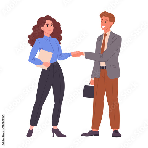 Office colleagues shaking hands. Business deal handshake, male and female business people handshake flat vector illustration. Business deal handshake scene