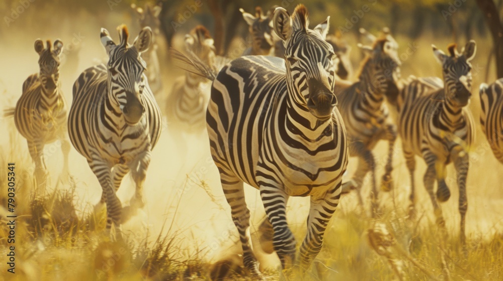 Fototapeta premium Herd of Zebras Running in on the Savannah 
