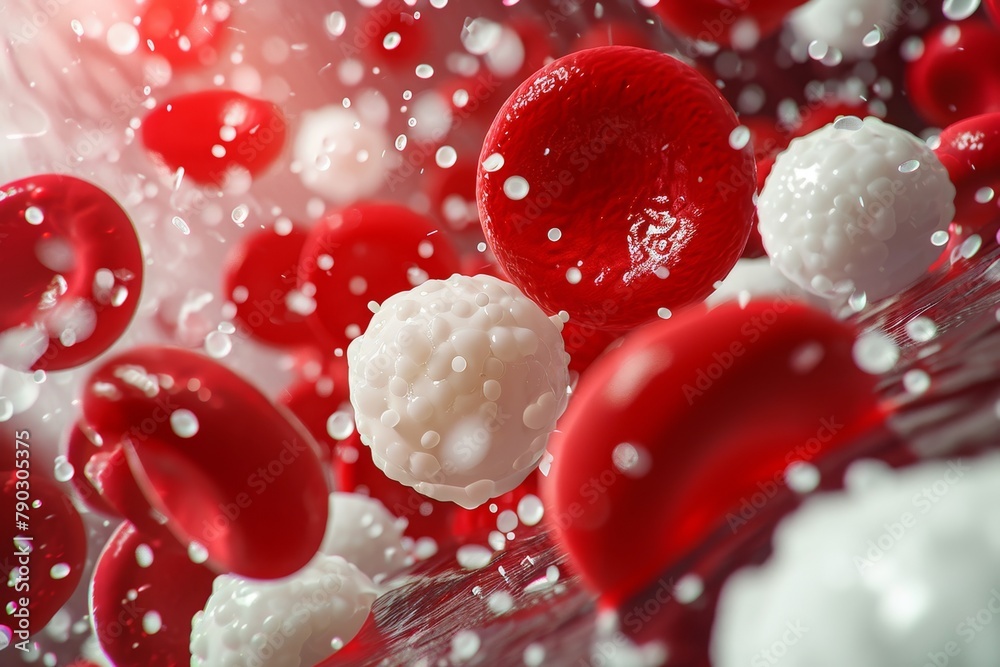 This close-up photo captures the detailed texture and colors of a red and white substance, Bright, contrasting depiction of red and white blood cells, AI Generated This close-up photo captures the detailed texture and colors of a red and white substance, Bright, contrasting depiction of red and white blood cells, AI Generated