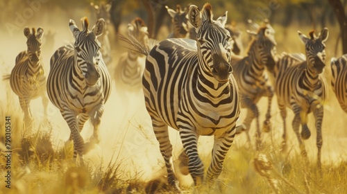 Herd of Zebras Running in on the Savannah 