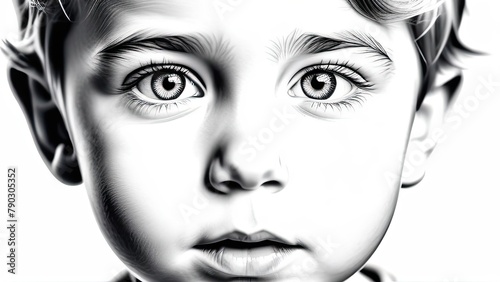 Surprised child's face, large eyes, outline on white background