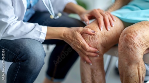 A doctor is examining the knee of an elderly patient who has osteoarthritis.