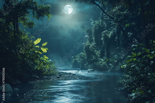 A river cuts through a dense forest as the full moon illuminates the scene, Bright moonlight illuminating a rainforest river, AI Generated