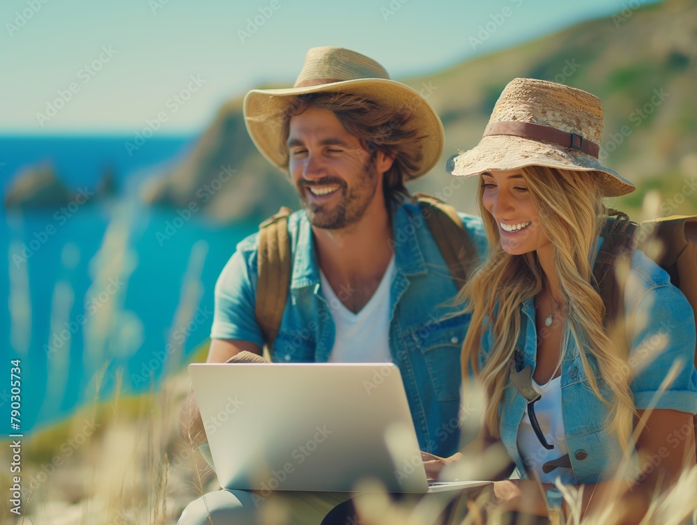 A man and woman are sitting on the beach, smiling and looking at a laptop. Scene is happy and relaxed, as the couple enjoys their time together in a beautiful outdoor setting