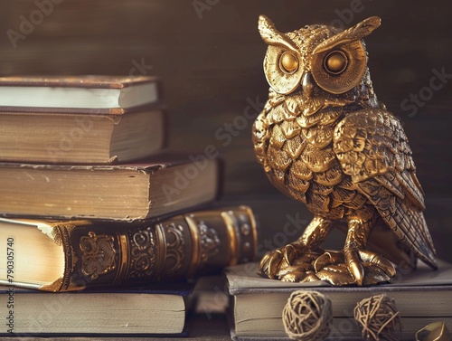 A golden owl perched on a pile of books, wise and strategic planning in financial investments