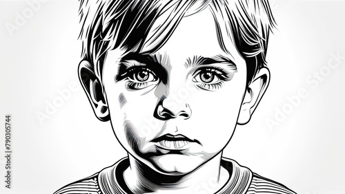 Upset child, child's face, black outline on white background.