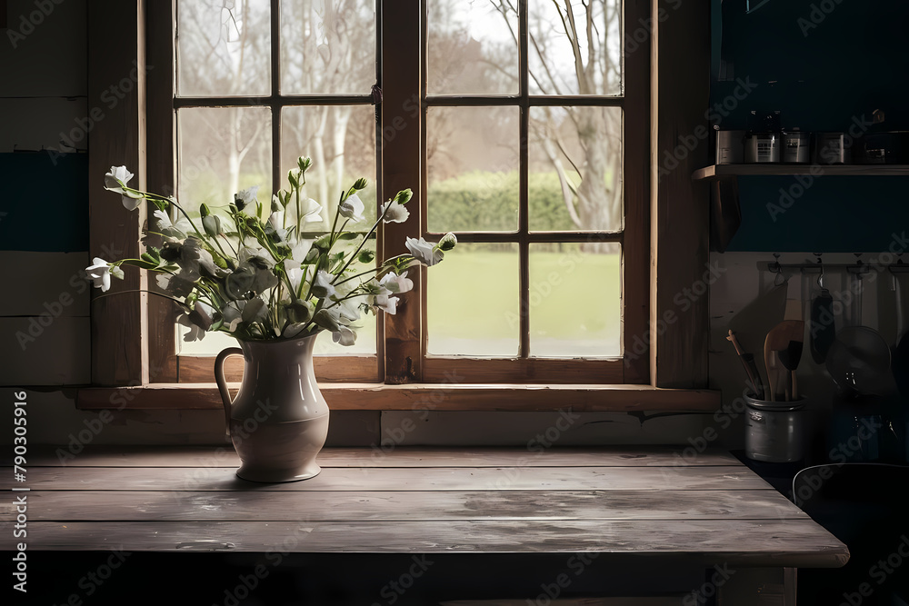 Wooden table top with copy space for product advertising in old vintage kitchen. Table and vase with white spring flowers near window in country house, rural area. Wooden table top with copy space for product advertising in old vintage kitchen. Table and vase with white spring flowers near window in country house, rural area.