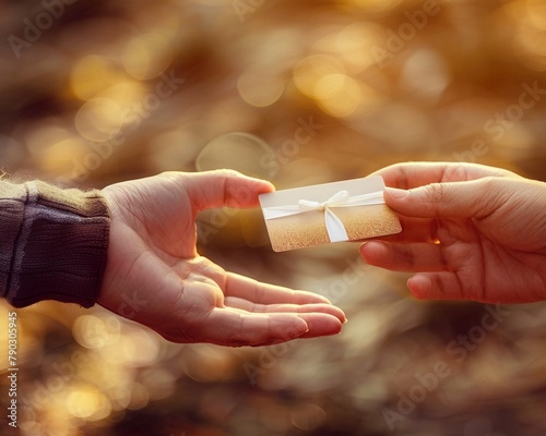 A pair of hands exchanging a loyalty card and a beautifully wrapped gift, emphasizing the reciprocal nature of loyalty programs, warm and inviting tones photo