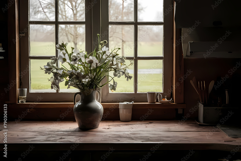 Wooden table top with copy space for product advertising in old vintage kitchen. Table and vase with white spring flowers near window in country house, rural area.