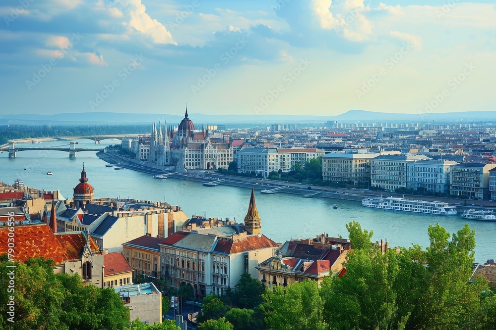 Fototapeta premium A picturesque cityscape showing a river running through a bustling urban area, with tall buildings lining its banks, Budapest cityscape divided by the Danube River, AI Generated