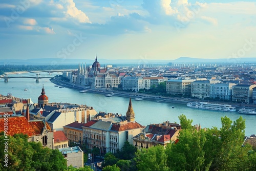 A picturesque cityscape showing a river running through a bustling urban area, with tall buildings lining its banks, Budapest cityscape divided by the Danube River, AI Generated