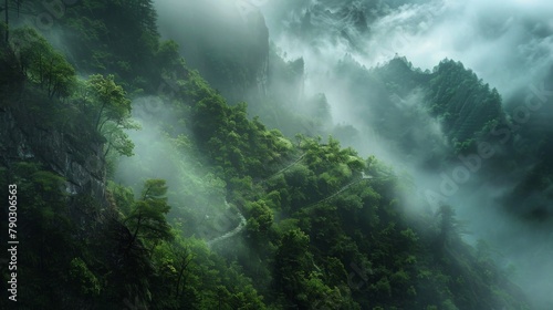 A mist-shrouded forest clinging to the slopes of a mountain, with winding trails disappearing into the lush greenery and secrets waiting to be discovered.