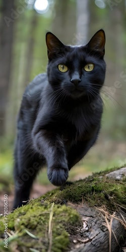 Ai Generated, A black cat that jumps through the woods