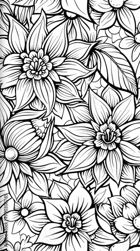 Patterns: A coloring book page with an intricate floral pattern