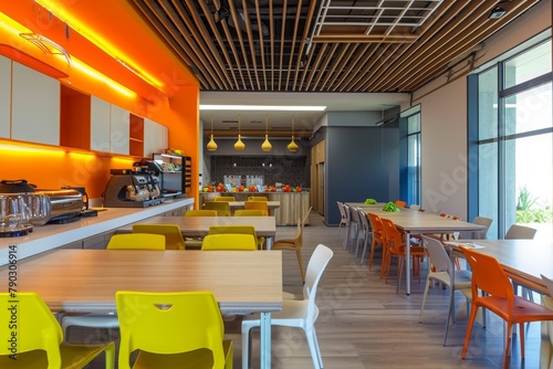 This photo captures a restaurants interior, showcasing its tables, chairs, and a coffee machine in a factual and straightforward manner, Business office cafeteria area, AI Generated photo