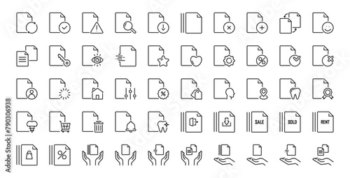 Document 50 line icons. Paper sheet sign. File or archive symbol. Isolated on a white background. Pixel perfect. Editable stroke. 64x64.