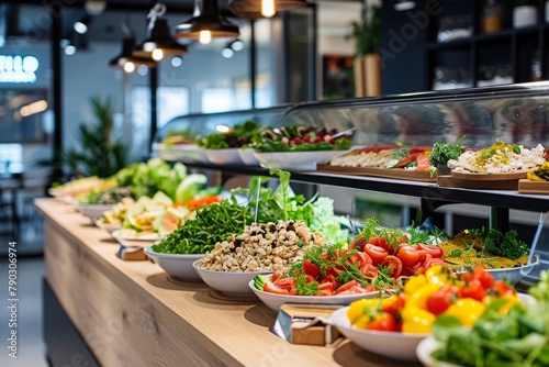 A salad bar featuring a wide variety of fresh and flavorful salads, Business office cafeteria serving healthy food, AI Generated photo