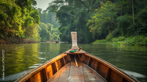 A traditional Thai longtail boat cruising along a tranquil river, with lush greenery lining the banks and the sound of birdsong filling the air. photo