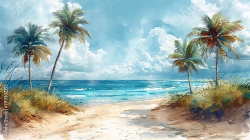 Capture the serenity of coconut trees on a beach with this watercolor illustration. Isolated on white with copy space, perfect for relaxation and tropical vibes.