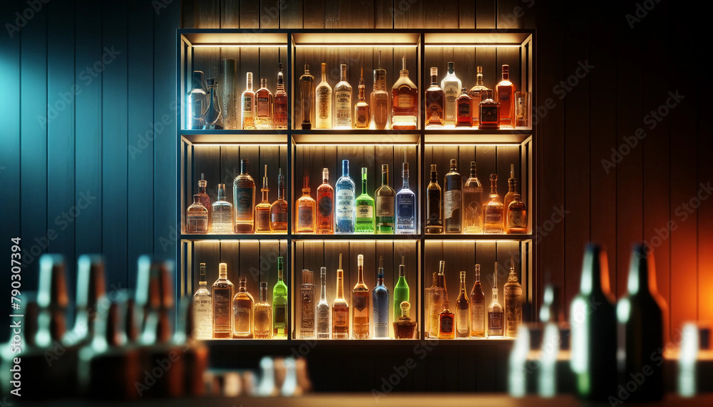 A bar setting with a close-up view of three horizontal shelves laden with an assortment of liquor bottles