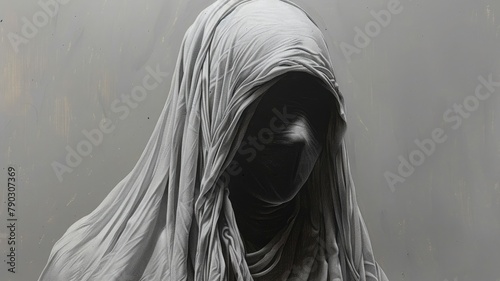 Ink drawing of woman with head covered in cloth, evoking sadness, depression, and mystery. Depicts themes of mental health and introspection