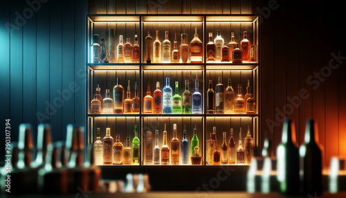 A bar setting with a close-up view of three horizontal shelves laden with an assortment of liquor bottles wallpaper background