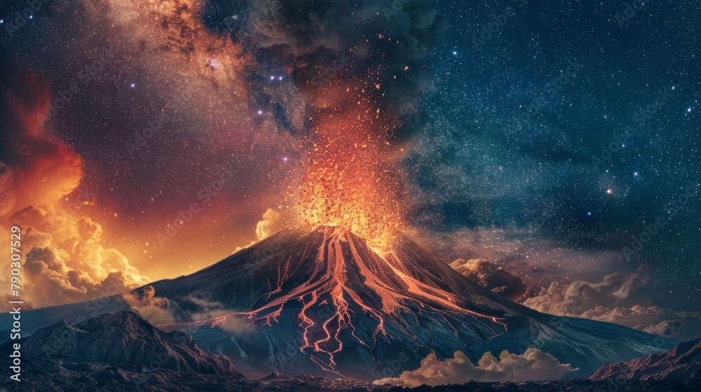 A volcano erupting in a spectacular display of lava and ash, against the backdrop of a starry night sky.