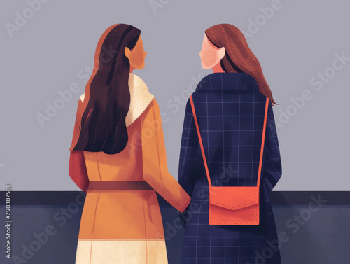Two illustrated female friends embracing against a blue wall, exuding warmth and companionship.