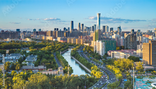 The Aerial view of sunset CBD of Guomao cityscape with traffic flow in Beijing  China