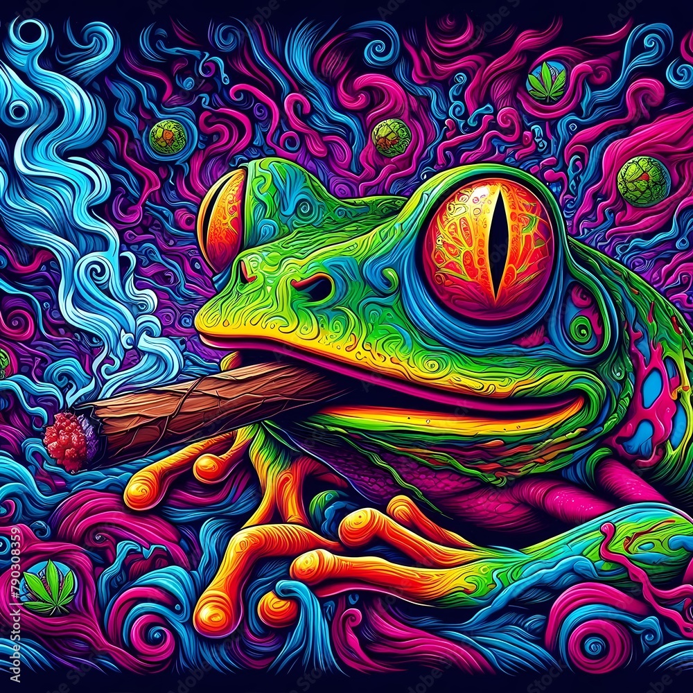 beautiful psychedelic digital art of a cool frog that is smoking a blunt