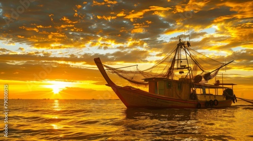 A wooden fishing boat casting its nets at sunrise, with the golden light of dawn painting the sky and the sea ablaze with color.