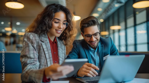 Cheerful coworkers are engaged in using a digital tablet together while working in their office.