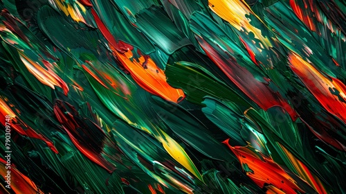 abstract pattern of a lot of painted diagonal brushstrokes  in colors green and red  a little yellow.