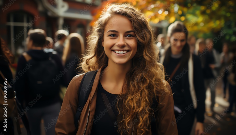 Warm shot of new classmates shaking hands and smiling in front of their new school, symbolizing new friendships and beginnings, ideal for school welcome brochures