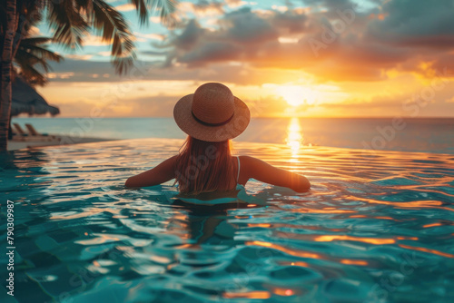 Beautiful woman in the water with sunset (AI Generated) 