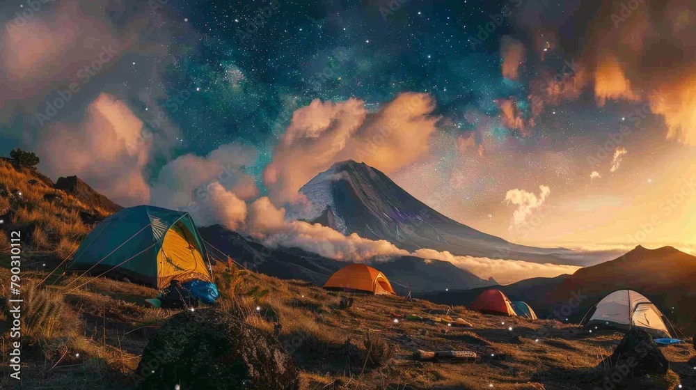 Adventurers camping on the slopes of a volcanic mountain, with tents pitched against a backdrop of star-filled skies.