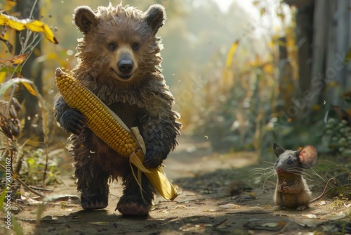 A majestic brown bear delicately holds a corn on the cob in its paws, ready to indulge in the sweet and savory treat. Nearby, a little mouse watches in awe. photo