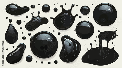 Black liquid droplets of different shapes set top v photo