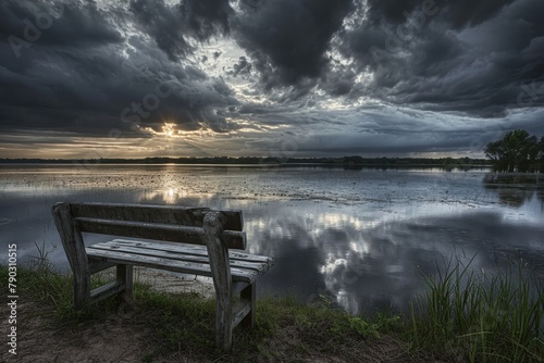 A bench sits in front of a calm lake, with a cloudy sky overhead, Calm before the storm, AI Generated photo