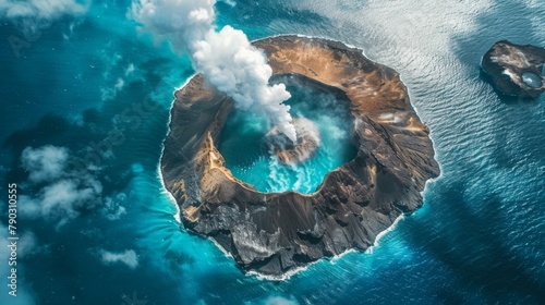 Aerial view of a volcanic island surrounded by turquoise waters, with plumes of steam rising from its crater.