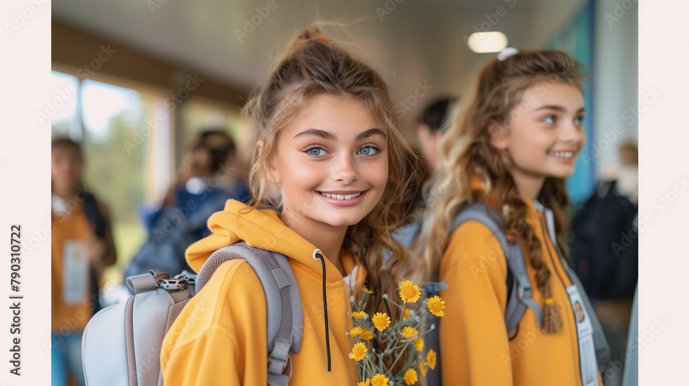 On their first day of class, two lovely blonde students clad in bright yellow jackets and backpacks pose with radiant smiles, one of them holding a charming bouquet of flowers. Their enthusiasm and ca