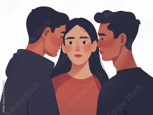 Illustration of a woman with two men leaning towards her, about to kiss her cheeks.
